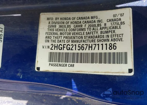 2007 Honda Civic Si из США, поврежденный, VIN 2HGFG21567H711186